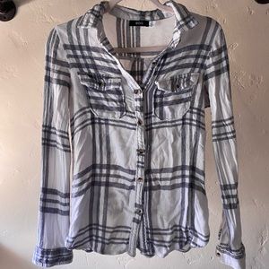 BDG White and Grey Plaid Button Down Flannel Top